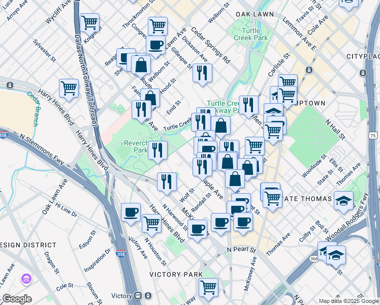 map of restaurants, bars, coffee shops, grocery stores, and more near 3200 Maple Avenue in Dallas