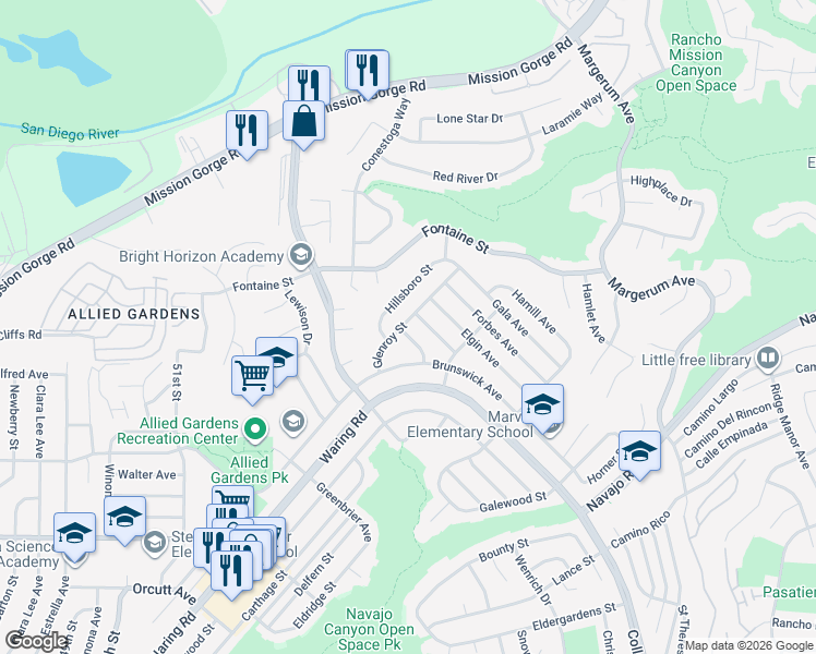 map of restaurants, bars, coffee shops, grocery stores, and more near 5402 Cottage Avenue in San Diego