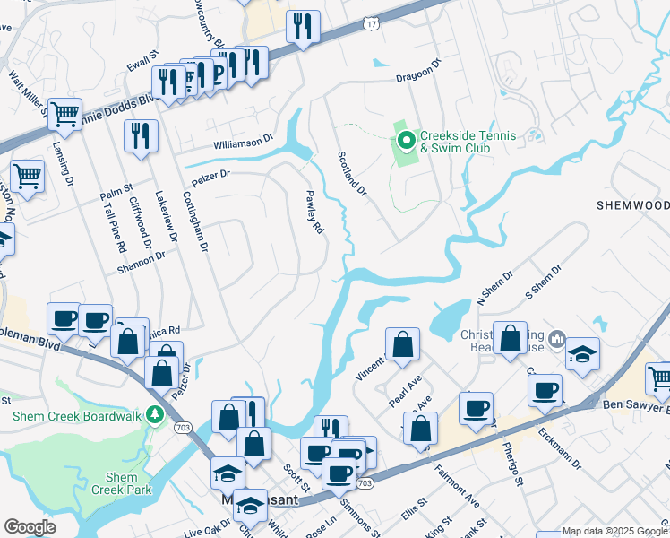 map of restaurants, bars, coffee shops, grocery stores, and more near 687 Pawley Road in Mount Pleasant