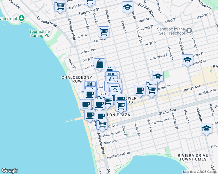 map of restaurants, bars, coffee shops, grocery stores, and more near 951 Missouri Street in San Diego