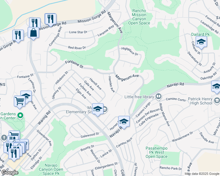 map of restaurants, bars, coffee shops, grocery stores, and more near 7328 Hamlet Avenue in San Diego