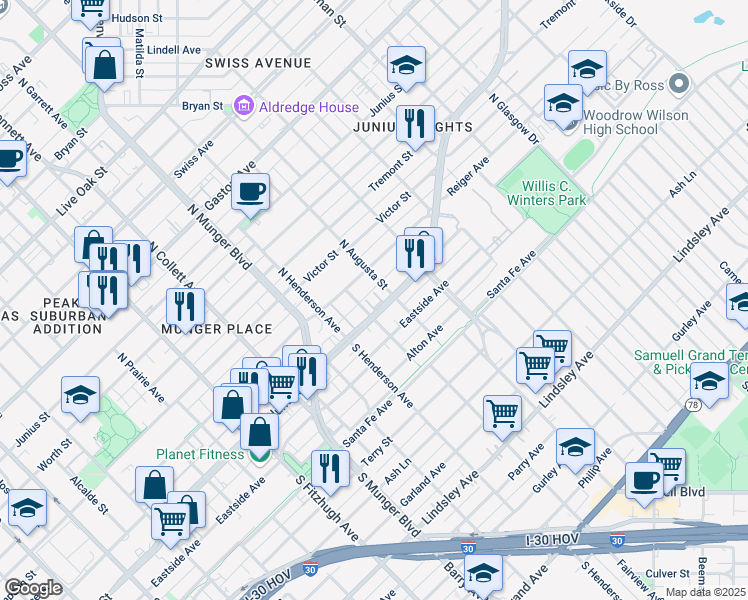 map of restaurants, bars, coffee shops, grocery stores, and more near 5414 Reiger Avenue in Dallas