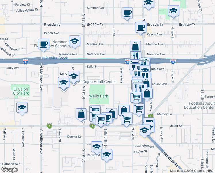 map of restaurants, bars, coffee shops, grocery stores, and more near 507 Roberta Avenue in El Cajon