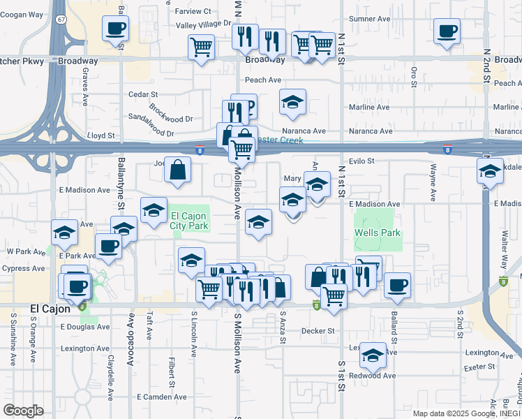 map of restaurants, bars, coffee shops, grocery stores, and more near 965 East Madison Avenue in El Cajon