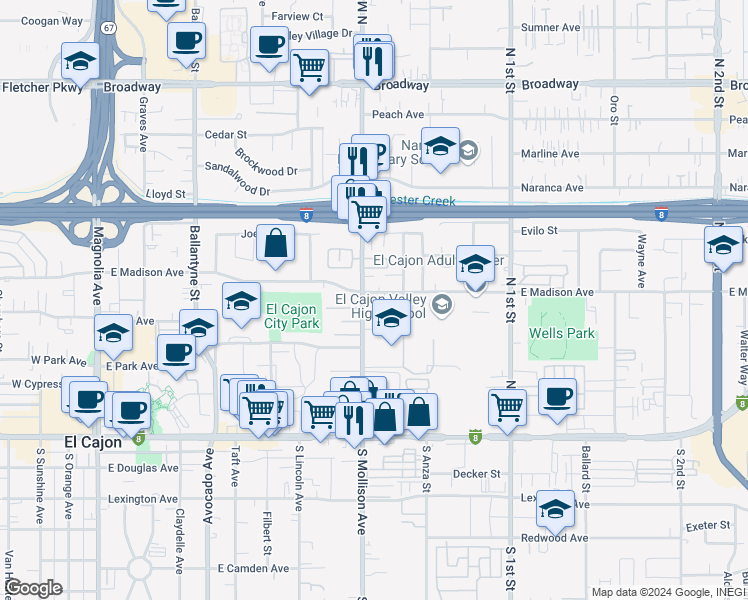 map of restaurants, bars, coffee shops, grocery stores, and more near in El Cajon