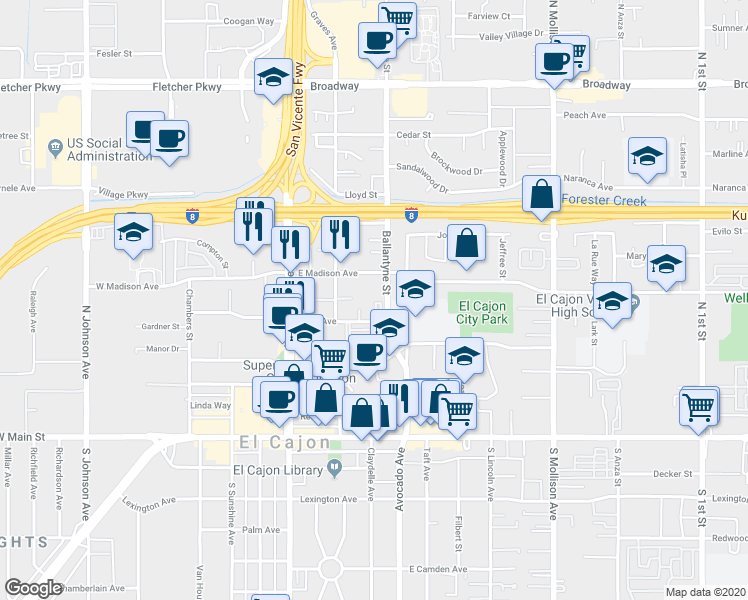map of restaurants, bars, coffee shops, grocery stores, and more near 455 Ballantyne Street in El Cajon
