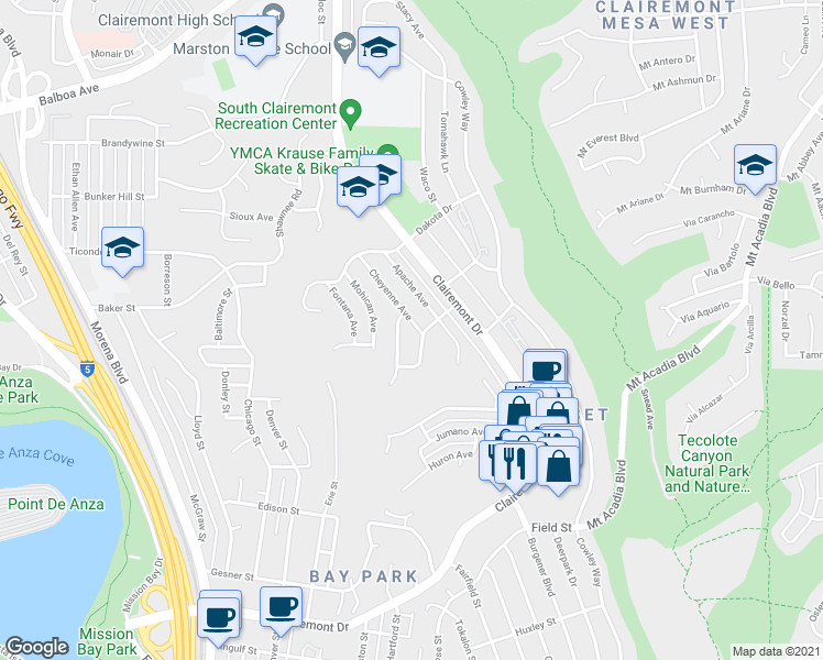 map of restaurants, bars, coffee shops, grocery stores, and more near 3235 Cheyenne Avenue in San Diego