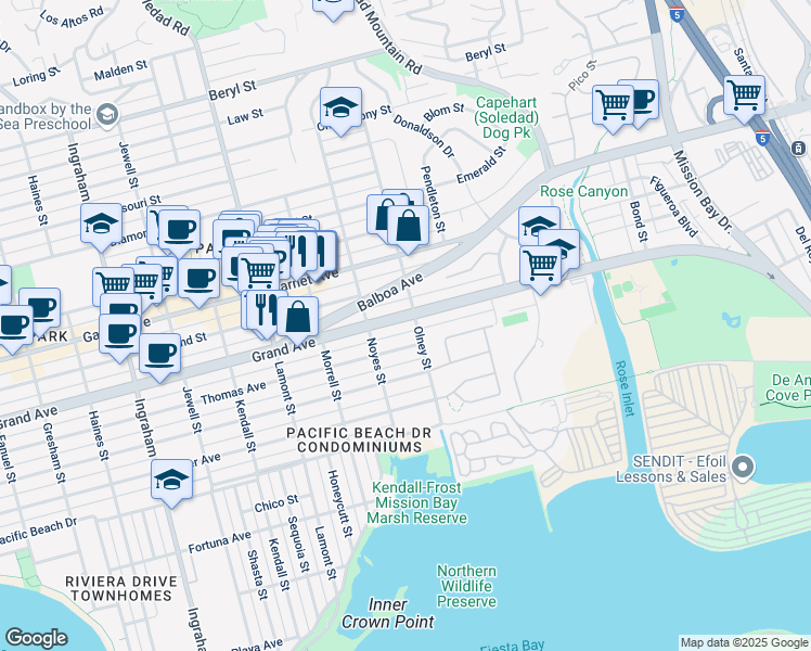 map of restaurants, bars, coffee shops, grocery stores, and more near 2166 Grand Avenue in San Diego