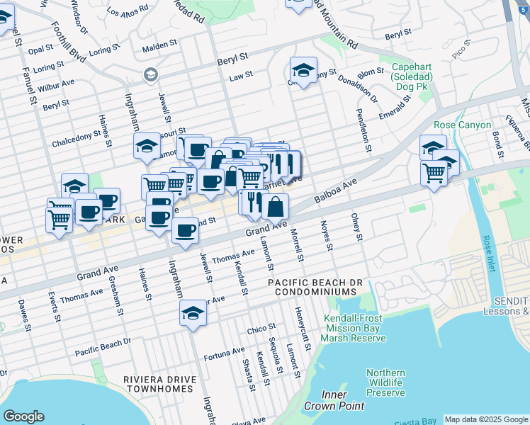 map of restaurants, bars, coffee shops, grocery stores, and more near 1944 Hornblend Street in San Diego
