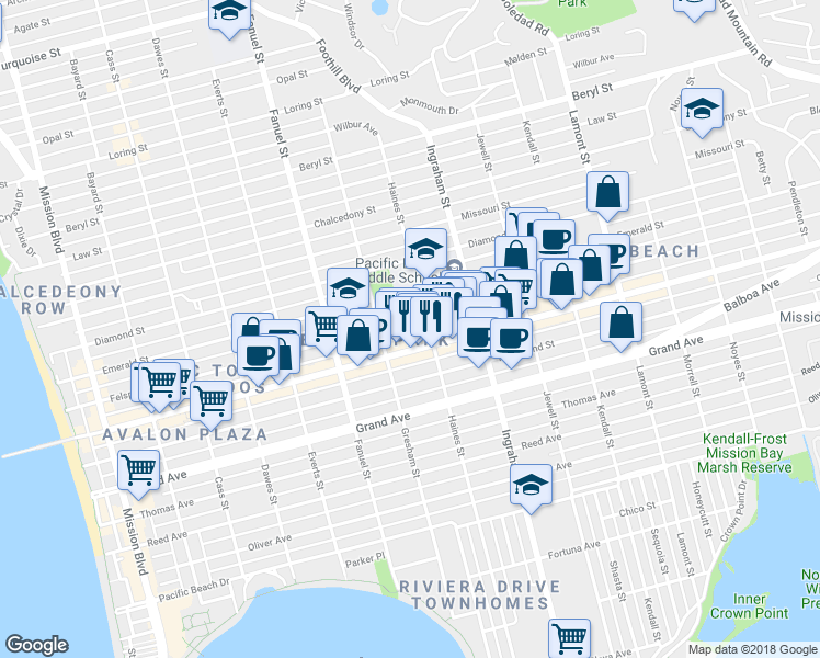 map of restaurants, bars, coffee shops, grocery stores, and more near 4542 Haines Street in San Diego