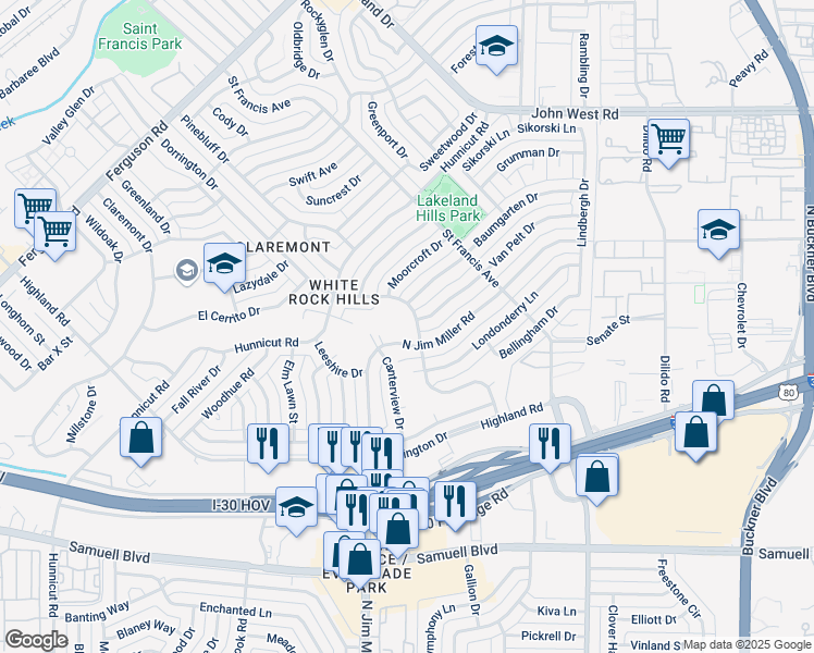 map of restaurants, bars, coffee shops, grocery stores, and more near 2674 Dorrington Drive in Dallas