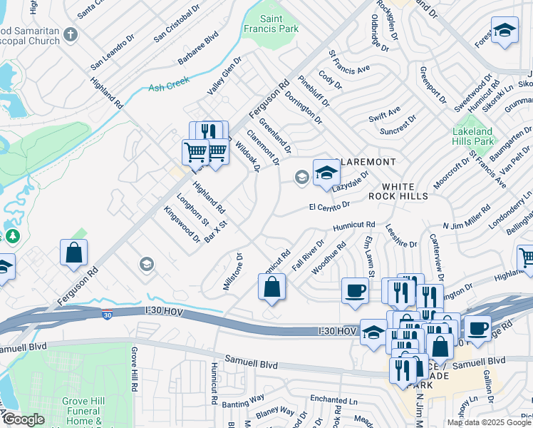 map of restaurants, bars, coffee shops, grocery stores, and more near 2450 Wildoak Drive in Dallas