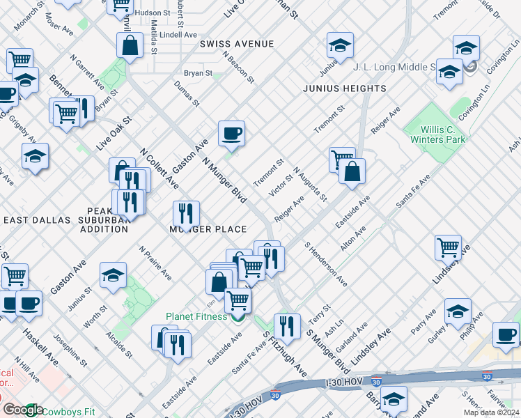 map of restaurants, bars, coffee shops, grocery stores, and more near 5211 Victor Street in Dallas