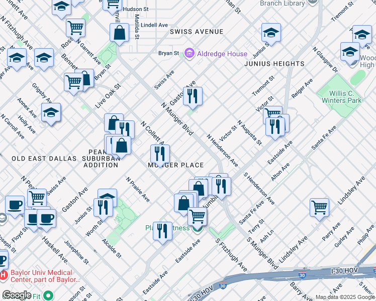 map of restaurants, bars, coffee shops, grocery stores, and more near 5120 Tremont Street in Dallas