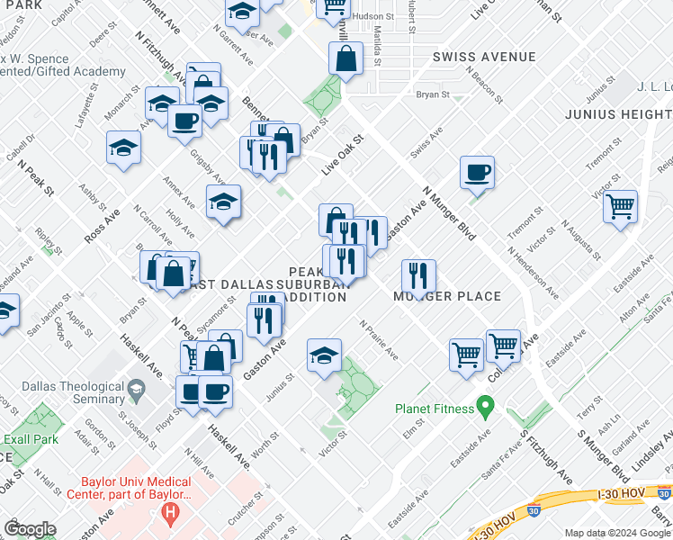 map of restaurants, bars, coffee shops, grocery stores, and more near 4830 Swiss Avenue in Dallas