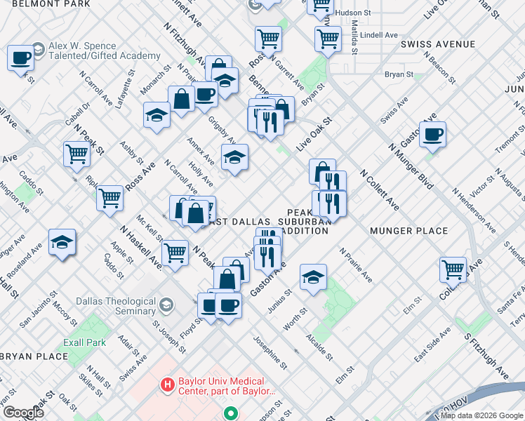 map of restaurants, bars, coffee shops, grocery stores, and more near 4617 Sycamore Street in Dallas