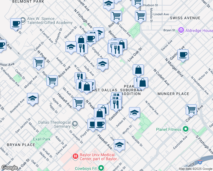 map of restaurants, bars, coffee shops, grocery stores, and more near in Dallas