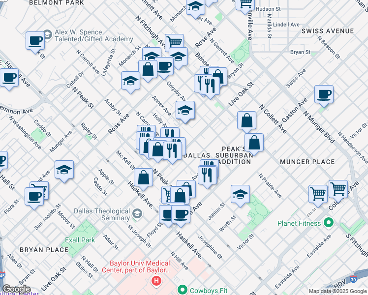 map of restaurants, bars, coffee shops, grocery stores, and more near in Dallas