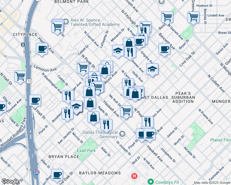 map of restaurants, bars, coffee shops, grocery stores, and more near in Dallas