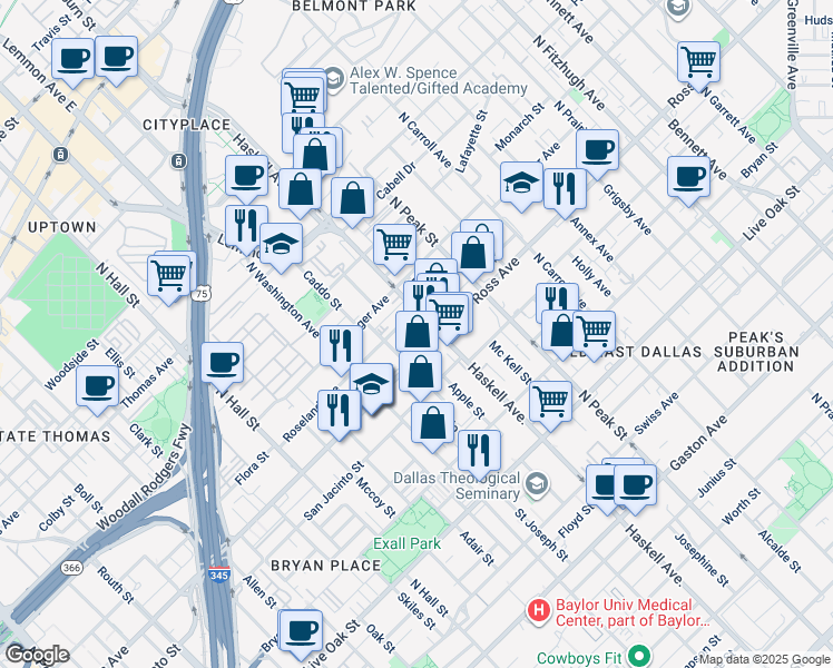 map of restaurants, bars, coffee shops, grocery stores, and more near 4016 Roseland Avenue in Dallas