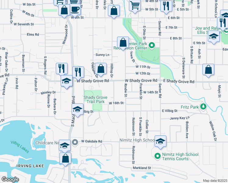 map of restaurants, bars, coffee shops, grocery stores, and more near 1209 Hilltop Drive in Irving