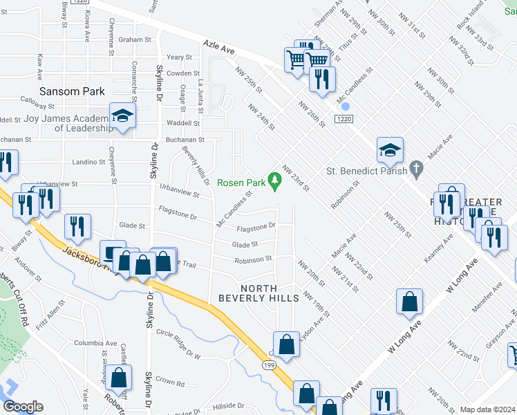 map of restaurants, bars, coffee shops, grocery stores, and more near 4820 Urbanview Street in Fort Worth