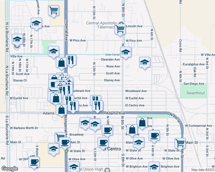 map of restaurants, bars, coffee shops, grocery stores, and more near North 10th Street in El Centro