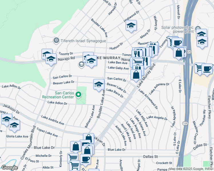 map of restaurants, bars, coffee shops, grocery stores, and more near 8311 Beaver Lake Drive in San Diego