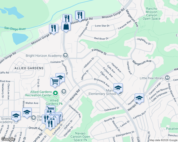 map of restaurants, bars, coffee shops, grocery stores, and more near 5402 Cottage Avenue in San Diego