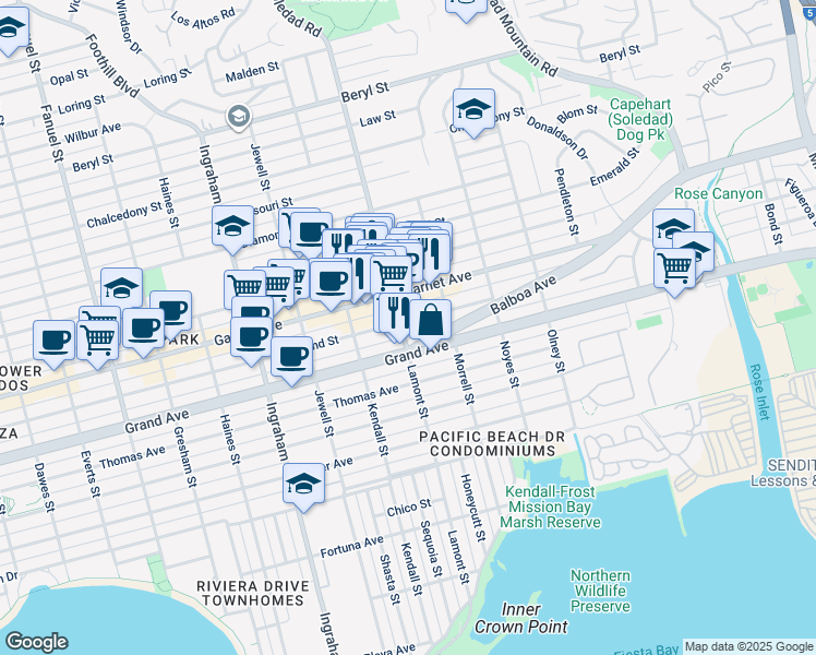 map of restaurants, bars, coffee shops, grocery stores, and more near 1905 Garnet Avenue in San Diego