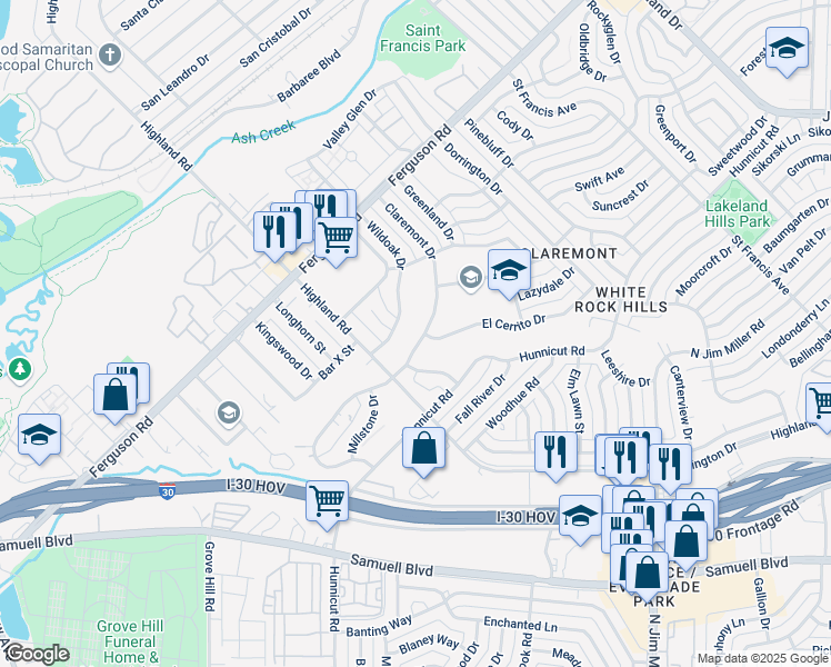 map of restaurants, bars, coffee shops, grocery stores, and more near 2450 Wildoak Drive in Dallas