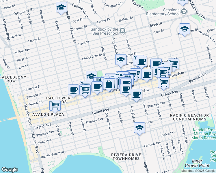 map of restaurants, bars, coffee shops, grocery stores, and more near 1453 Felspar Street in San Diego