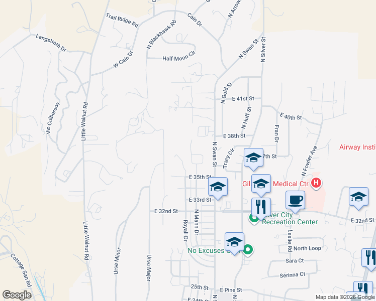 map of restaurants, bars, coffee shops, grocery stores, and more near 3611 Los Encinos in Silver City