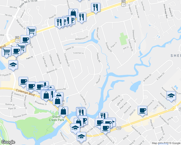map of restaurants, bars, coffee shops, grocery stores, and more near 1018 Chambers Lane in Mount Pleasant
