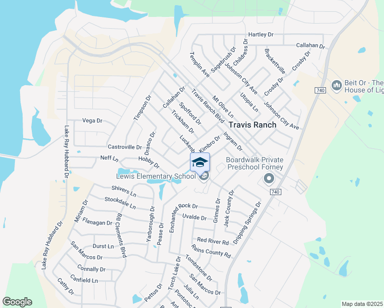 map of restaurants, bars, coffee shops, grocery stores, and more near 1100 Kimbro Drive in Forney