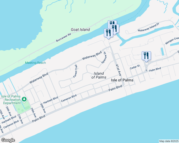 map of restaurants, bars, coffee shops, grocery stores, and more near 133 Sparrow Drive in Isle of Palms