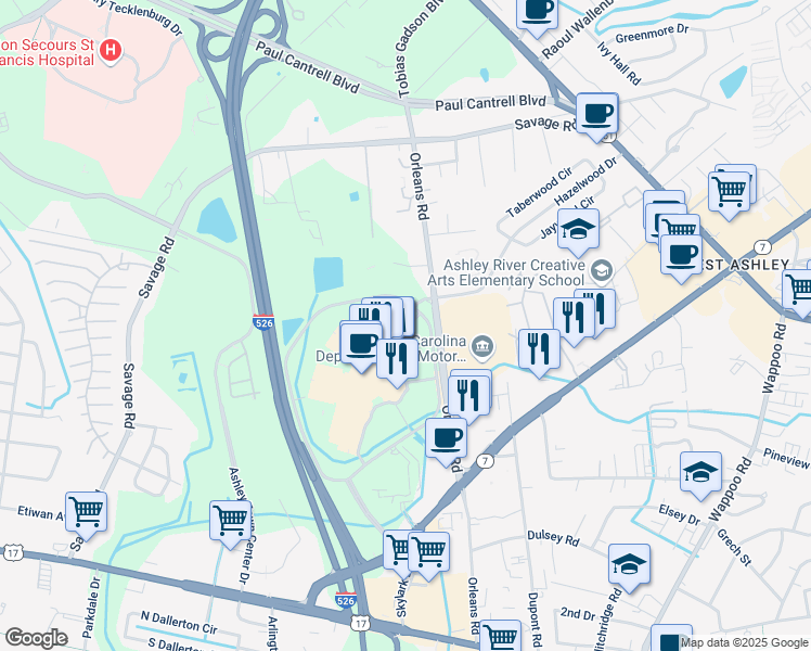 map of restaurants, bars, coffee shops, grocery stores, and more near 2062 Orleans Road in Charleston