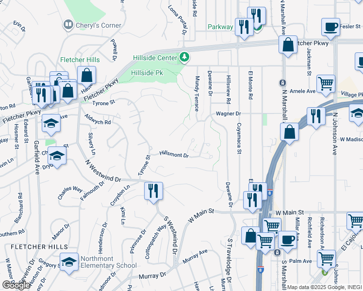 map of restaurants, bars, coffee shops, grocery stores, and more near 1564 Wagner Drive in El Cajon