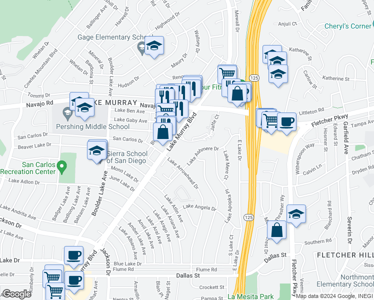map of restaurants, bars, coffee shops, grocery stores, and more near 8667 Lake Murray Boulevard in San Diego