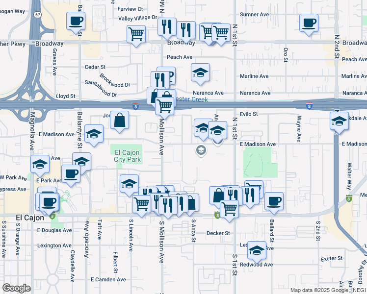 map of restaurants, bars, coffee shops, grocery stores, and more near 965 East Madison Avenue in El Cajon