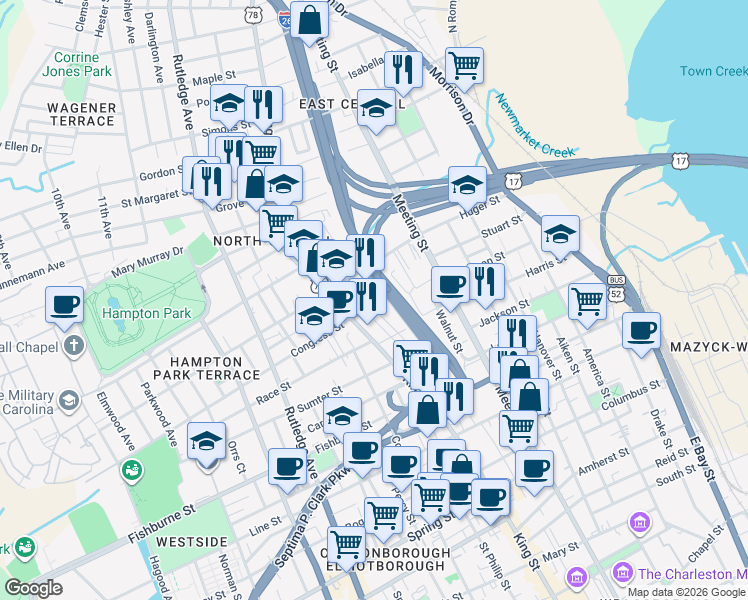 map of restaurants, bars, coffee shops, grocery stores, and more near 20 Benson Street in Charleston