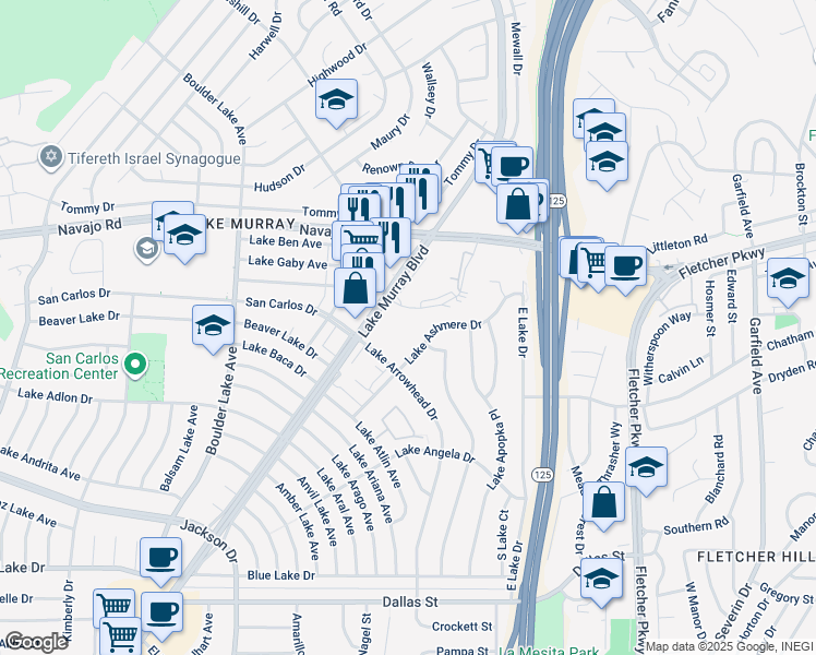 map of restaurants, bars, coffee shops, grocery stores, and more near 8671 Lake Murray Boulevard in San Diego