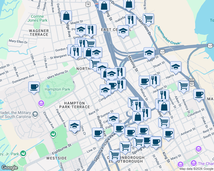 map of restaurants, bars, coffee shops, grocery stores, and more near 870 King Street in Charleston