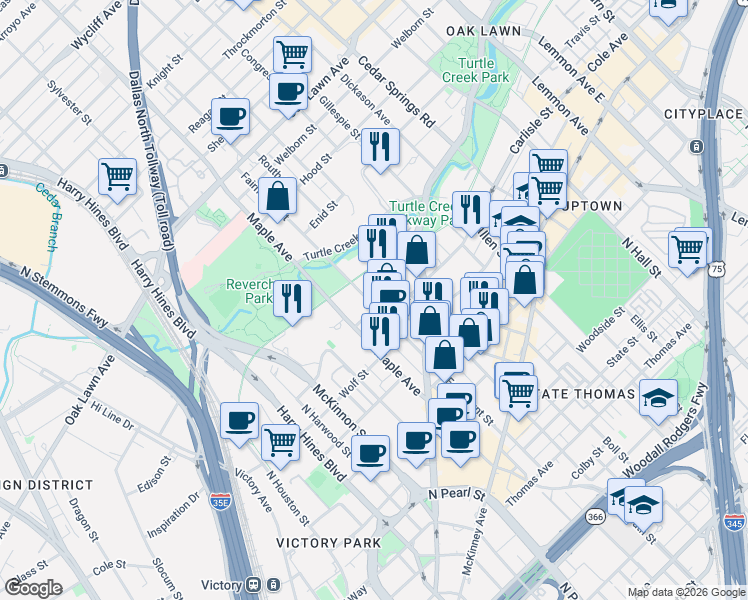 map of restaurants, bars, coffee shops, grocery stores, and more near 2525 Carlisle Street in Dallas