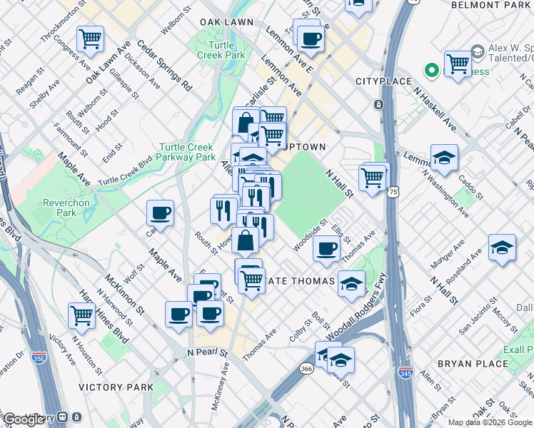 map of restaurants, bars, coffee shops, grocery stores, and more near 2908 McKinney Avenue in Dallas