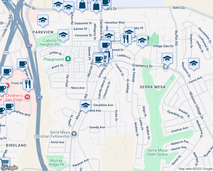 map of restaurants, bars, coffee shops, grocery stores, and more near 3052 Chauncey Drive in San Diego