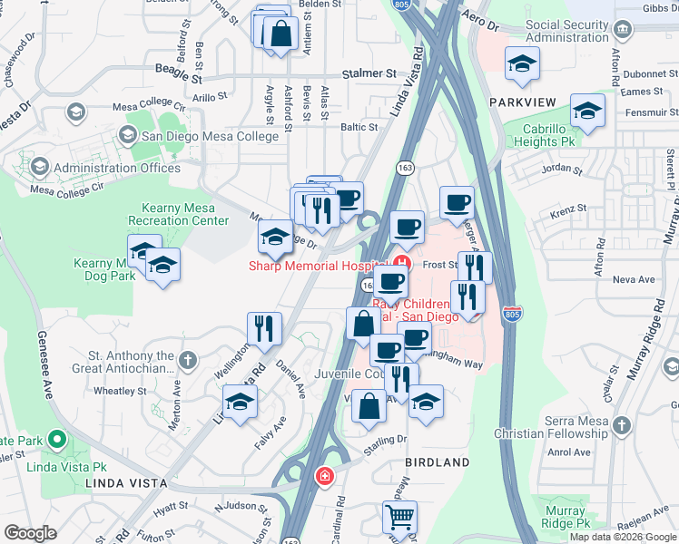 map of restaurants, bars, coffee shops, grocery stores, and more near 7575 Linda Vista Road in San Diego