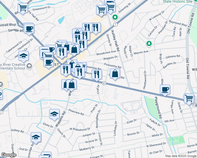 map of restaurants, bars, coffee shops, grocery stores, and more near 1620 Ashley River Road in Charleston