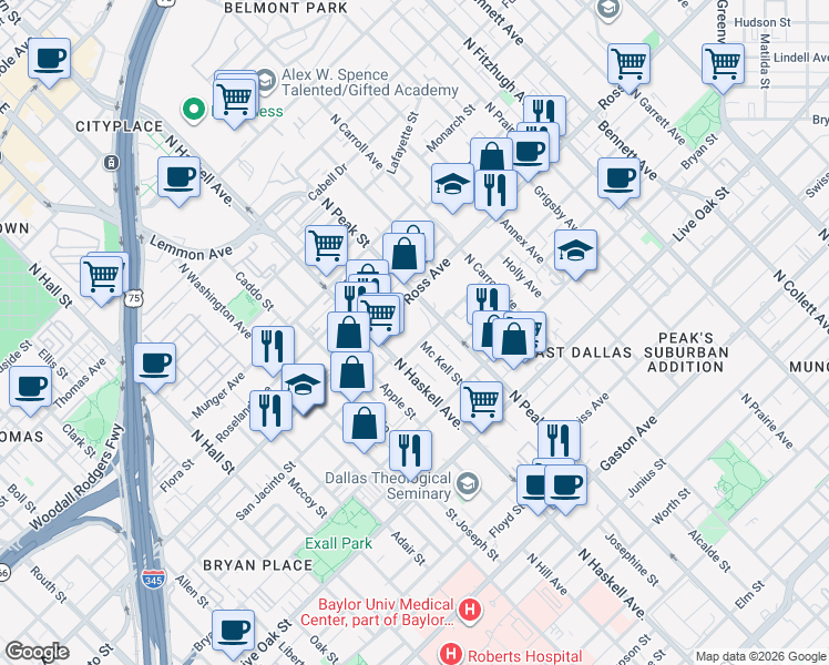 map of restaurants, bars, coffee shops, grocery stores, and more near 4211 San Jacinto Street in Dallas