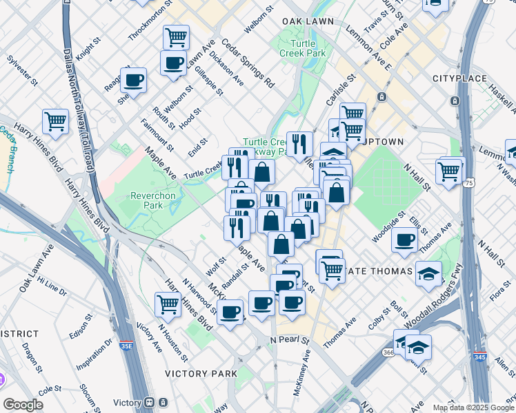 map of restaurants, bars, coffee shops, grocery stores, and more near 3033 Routh Street in Dallas
